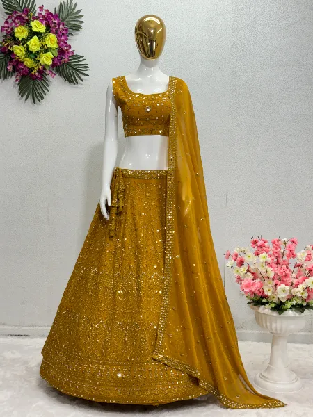 Mustard Bridal Lehenga Choli in Georgette With Heavy Embroidery and Mirror