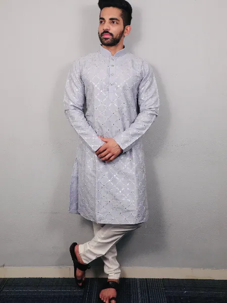 Sky Mens Traditional Kurta Pajama Set in Soft Silk With Sequence Embroidery