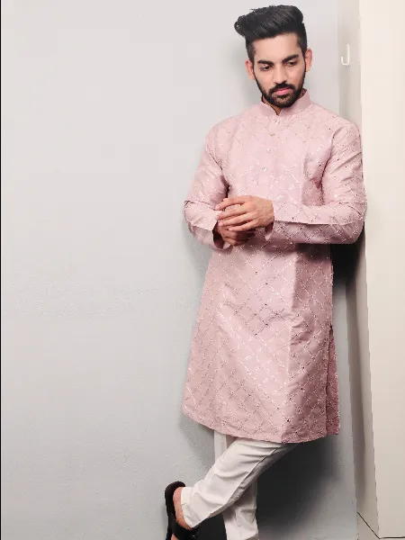 Light Pink Mens Traditional Kurta Pajama Set in Soft Silk With Sequence Embroidery