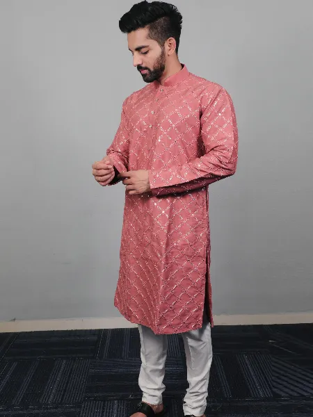 Pink Mens Traditional Kurta Pajama Set in Soft Silk With Sequence Embroidery