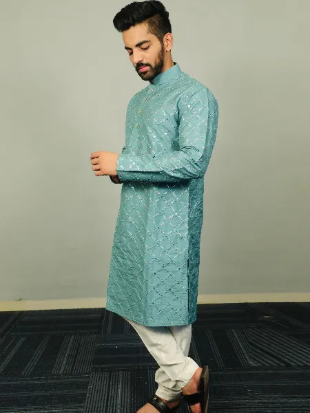 Sky Green Mens Traditional Kurta Pajama Set in Soft Silk With Sequence Embroidery