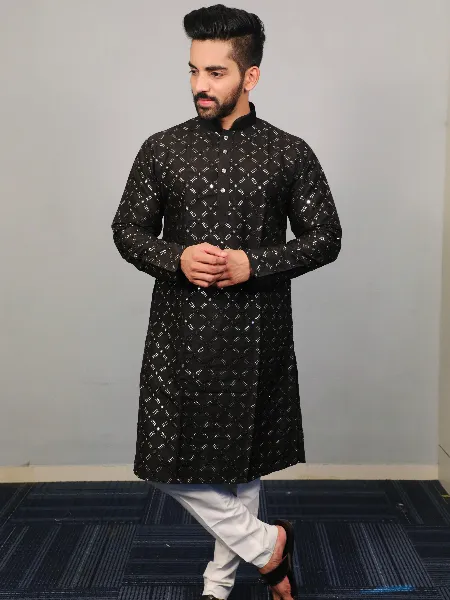 Black Mens Traditional Kurta Pajama Set in Soft Silk With Sequence Embroidery