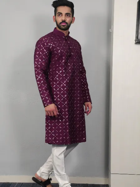 Wine Mens Traditional Kurta Pajama Set in Soft Silk With Sequence Embroidery