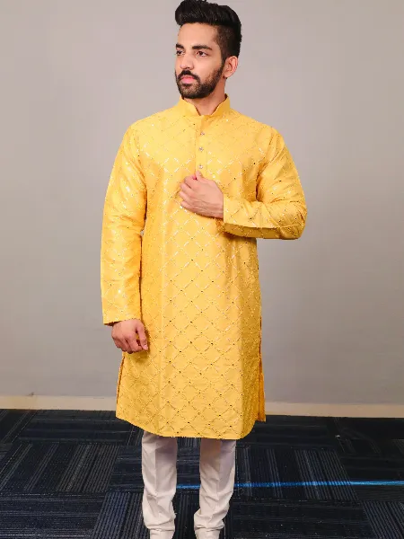 Yellow Mens Traditional Kurta Pajama Set in Soft Silk With Sequence Embroidery