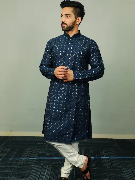 Blue Mens Traditional Kurta Pajama Set in Soft Silk With Sequence Embroidery
