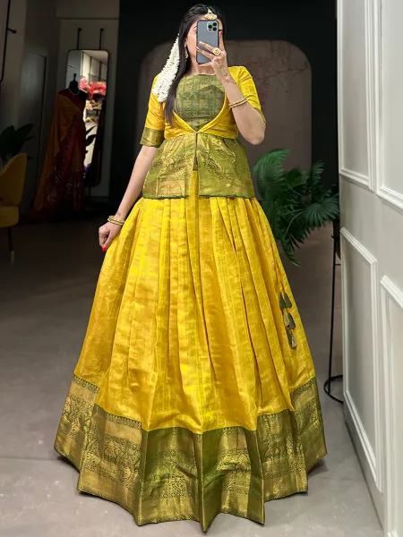 Yellow Ready to Wear Kanjivaram Lehenga Choli With Zari Weaving and Koti