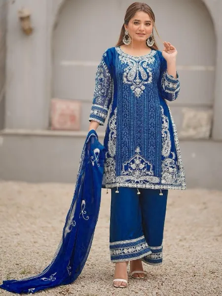 Blue Georgette Pakistani Suit With Cording Embroidery for Reception Party