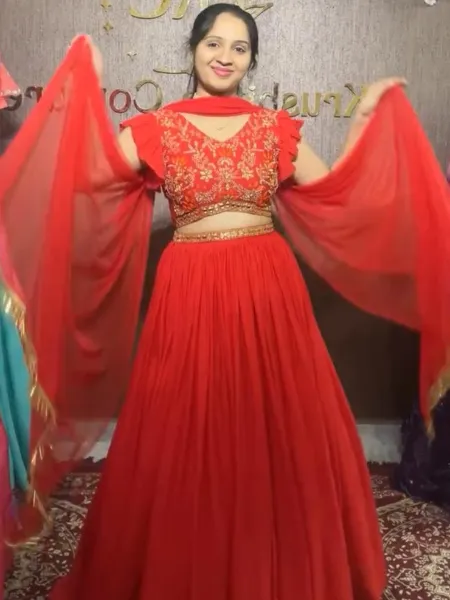 Red Ready to Wear Lehenga Choli With Embroidery and Real Mirror in Georgette