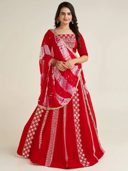 Red Georgette Cotton Thread and Sequence Work Lehenga for Wedding and Bridal