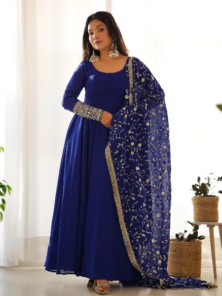 Royal Blue Pure Soft Georgette Gown With Pent and Dupatta 7 Meter Big Flair