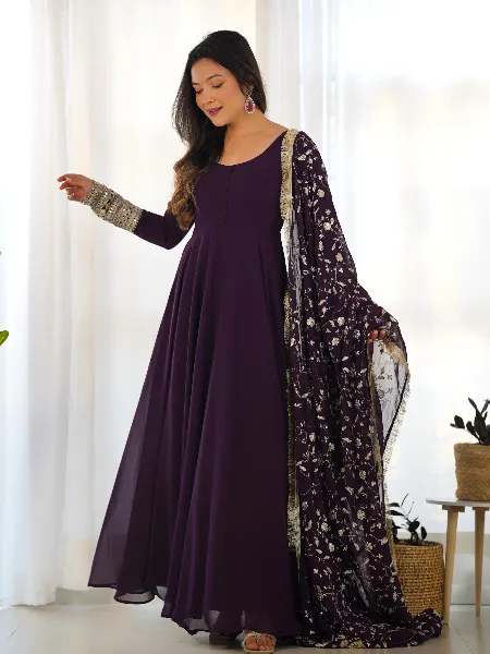 Wine Pure Soft Georgette Gown With Pent and Dupatta 7 Meter Big Flair