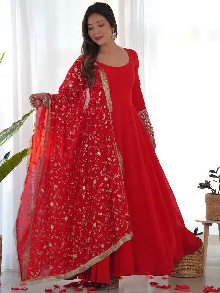 Red Pure Soft Georgette Gown With Pent and Dupatta 7 Meter Big Flair