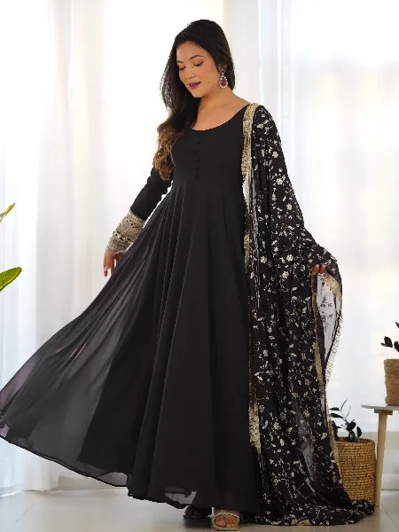 Black Pure Soft Georgette Gown With Pent and Dupatta 7 Meter Big Flair