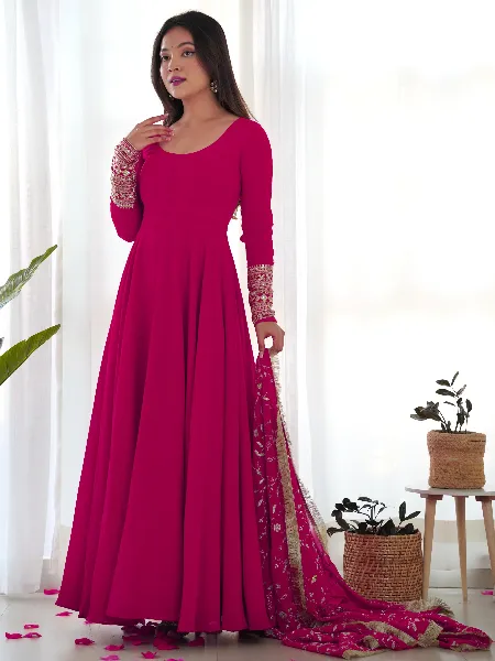 Pink Pure Soft Georgette Gown With Pent and Dupatta 7 Meter Big Flair