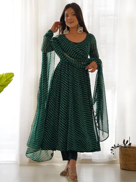 Green Pure Georgette Gown With Pent and Dupatta With Laheriya Print