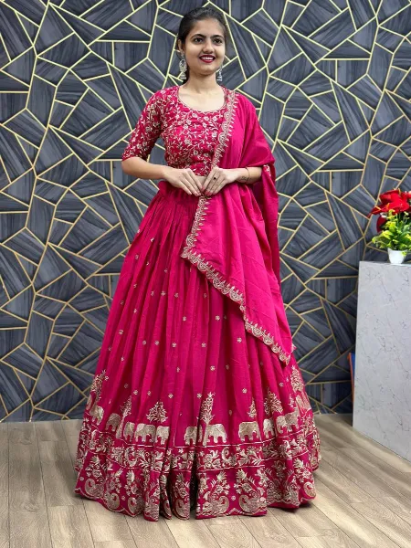Ready to Wear Lehenga Choli in Pink Color Chinon Fabric With Embroidery Work
