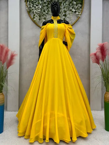 Yellow Color Georgette Gown With 8 Meter Big Flair and Fancy Neck