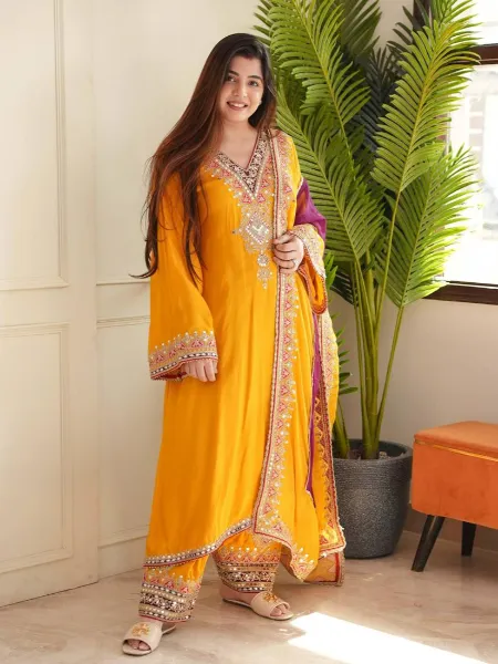 Yellow Color Salwar Suit With Thread Sequence Embroidery in Taffeta Silk