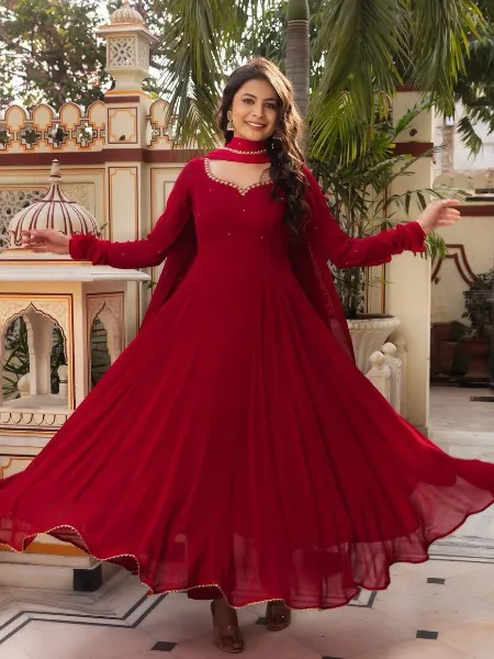 Devastating Party Wear Maroon Color Georgette Gown With 3 Layer Ruffle -  Fashion Mantra