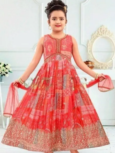 Red Kids Gown With Digital Print and Sequence Work in Georgette With Dupatta
