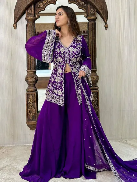 Purple Color Georgette Sharara Suit With Heavy Embroidery Work Top and Dupatta