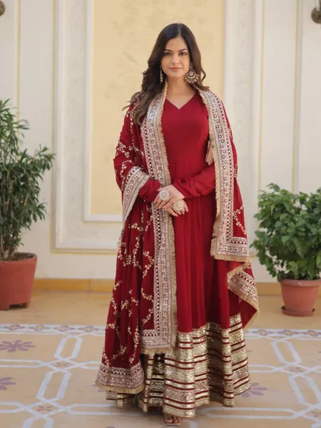 Maroon Color Gown in Georgette With Sequence Embroidery Work Indian Gown