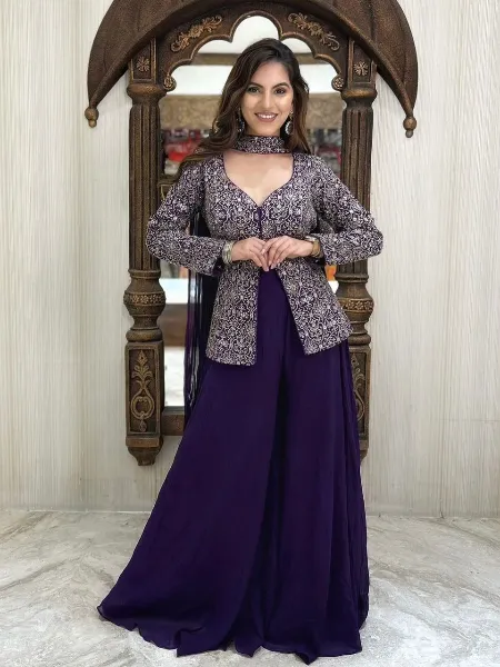 Purple Sharara Suit in Georgette With Heavy Embroidery Work Top and Dupatta