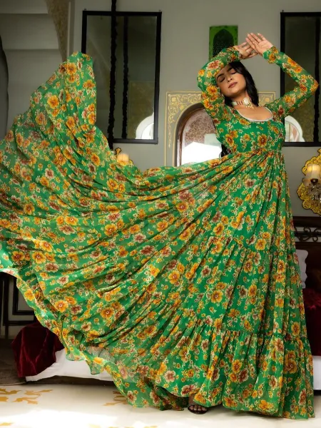 Green Color Designer Gown in Georgette With Digital Print and 12 Meter Flair