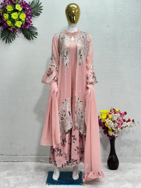 Light Pink Color Designer Gown in Georgette With Embroidery Work and Fancy Shrug