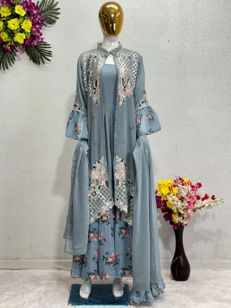 Grey Color Designer Gown in Georgette With Embroidery Work and Fancy Shrug