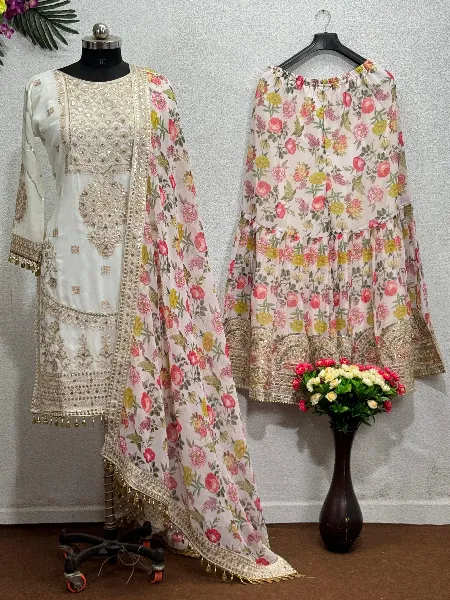 Off White Sharara Suit in Georgette With Embroidery and Print With Dupatta Heavy Sharara Suit
