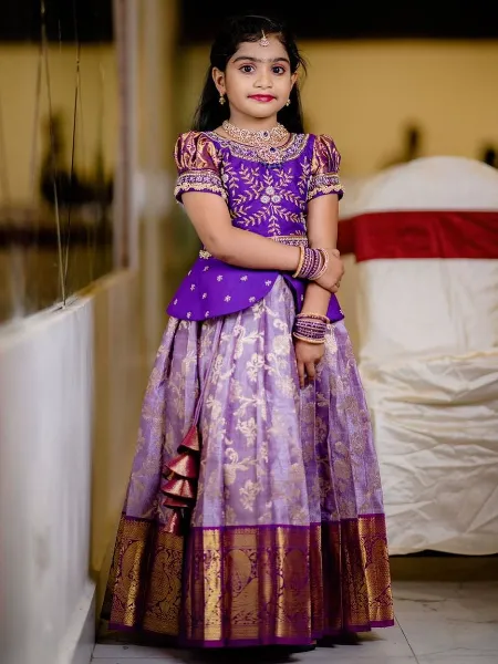 Purple Kids Lehenga Choli With Zari Weaving South Indian Kids Lehenga