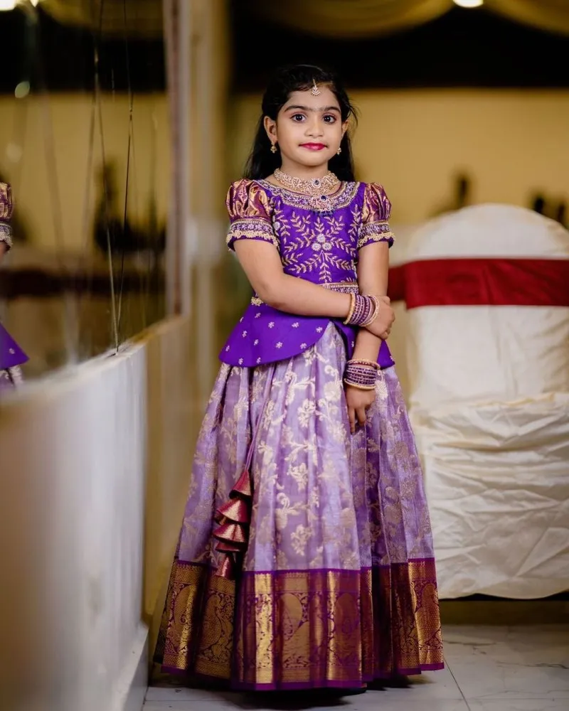 Kids New south Indian traditional pattu pavadai Jacquard Lehenga choli for  girls dress - EVERWILLOW - 4074490