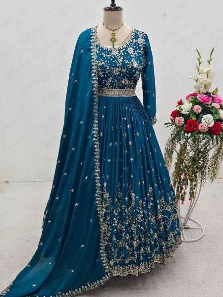 Rama Color Satin Gown With Sequins Embroidery Work and Dupatta