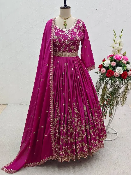 Pink Color Satin Gown With Sequins Embroidery Work and Dupatta