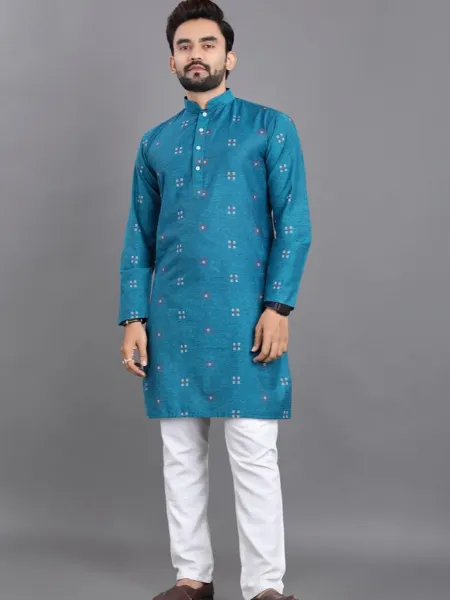 Rama Color Traditional Men's Kurta Pajama Set in Cotton With Jacquard Butti