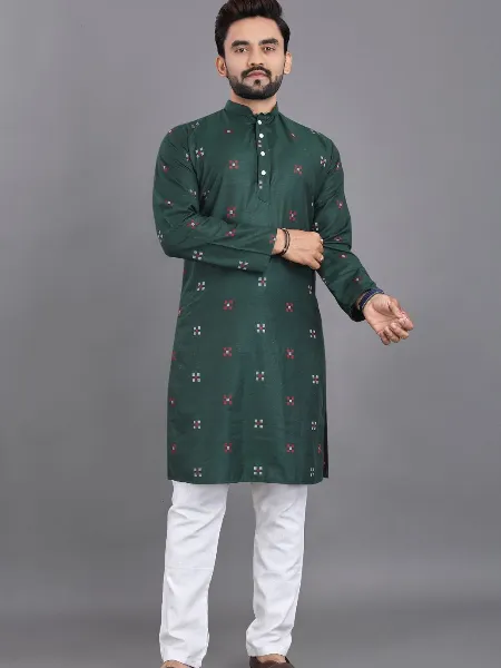 Green Color Traditional Men's Kurta Pajama Set in Cotton With Jacquard Butti