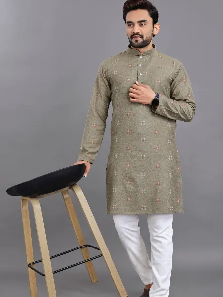 Grey Color Traditional Men's Kurta Pajama Set in Cotton With Jacquard Butti