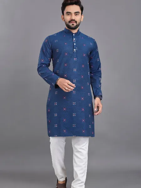 Blue Color Traditional Men's Kurta Pajama Set in Cotton With Jacquard Butti
