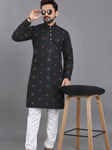 Black Color Traditional Men's Kurta Pajama Set in Cotton With Jacquard Butti