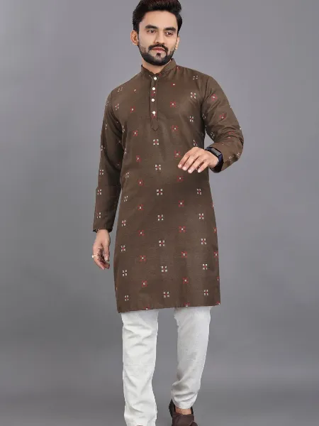 Coffee Color Traditional Men's Kurta Pajama Set in Cotton With Jacquard Butti
