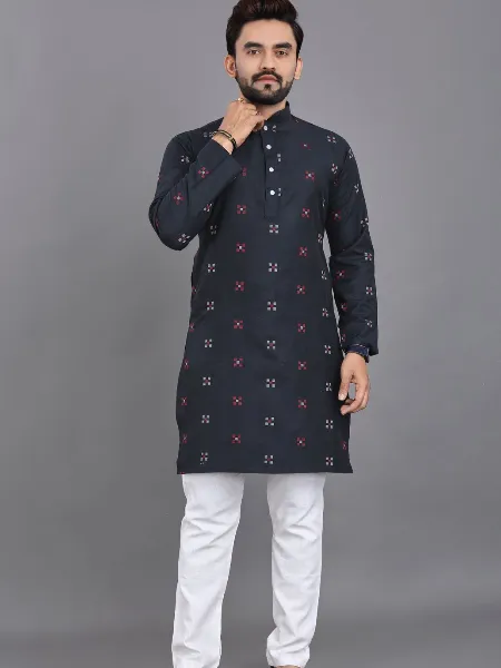 Navy Blue Color Traditional Men's Kurta Pajama Set in Cotton With Jacquard Butti