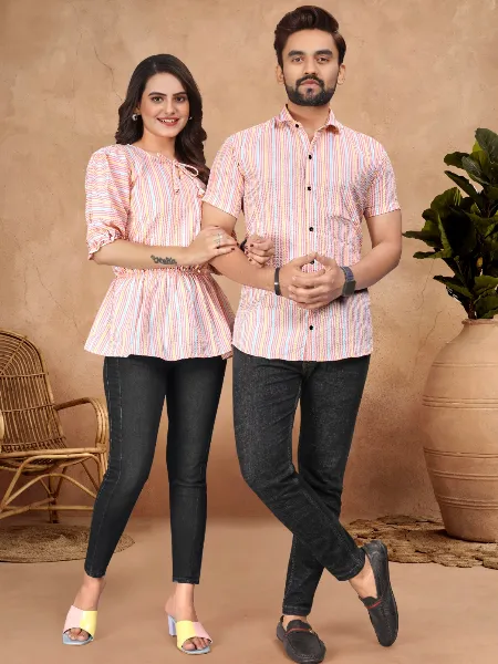 Pink Couple Combo Set in Pure Cotton With Women Tunic and Men's Shirt