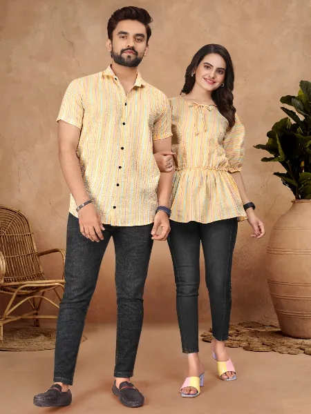 Yellow Couple Combo Set in Pure Cotton With Women Tunic and Men's Shirt
