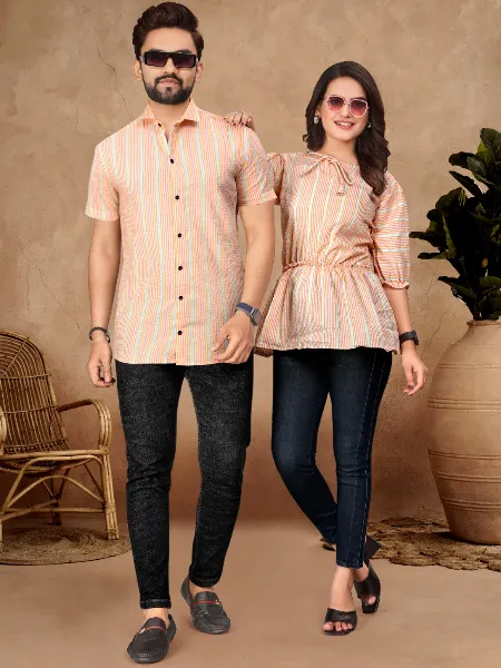 Orange Couple Combo Set in Pure Cotton With Women Tunic and Men's Shirt