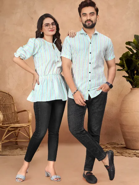 Sky Color Couple Combo Set in Pure Cotton With Women Tunic and Men's Shirt