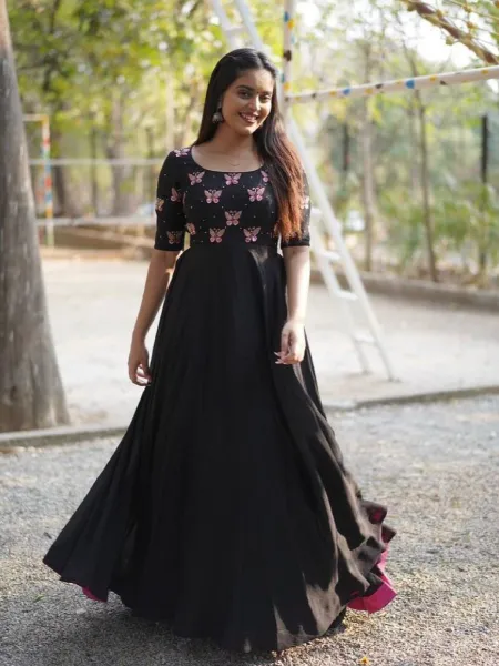 Black Color Georgette Party Wear Gown With Attractive Embroidery Ready to Wear
