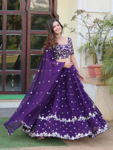 Purple Color Indian Lehenga Choli in Georgette With Sequence and Zari Embroidery