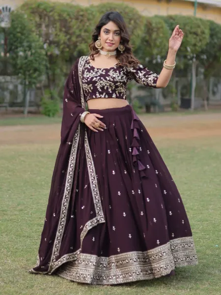 Wine Indian Lehenga Choli in Georgette With Sequence and Zari Embroidery