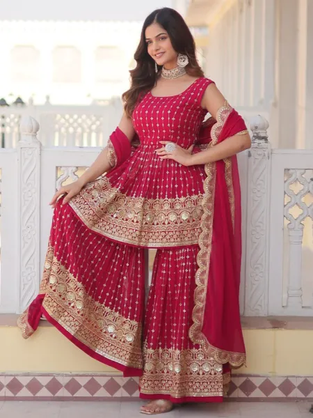 Pink Gharara Set With Top and Dupatta in Georgette With Sequence Embroidery